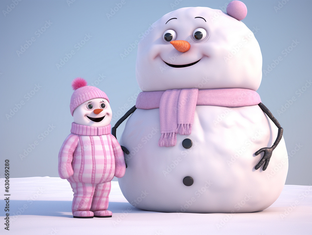 A cartoon character standing next to a snowman, christmas image, 3d illustration images A cartoon character standing next to a snowman, christmas image, 3d illustration images