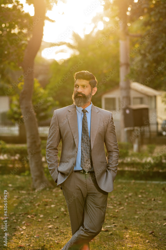 Confident indian businessman wearing suit and standing at park. Confident indian businessman wearing suit and standing at park.