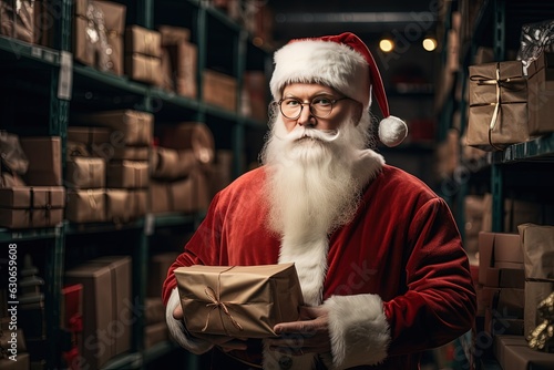 Santa Claus in eyeglasses stands with a gift in his hands in his large warehouse with gifts for children. He's getting ready for Christmas.