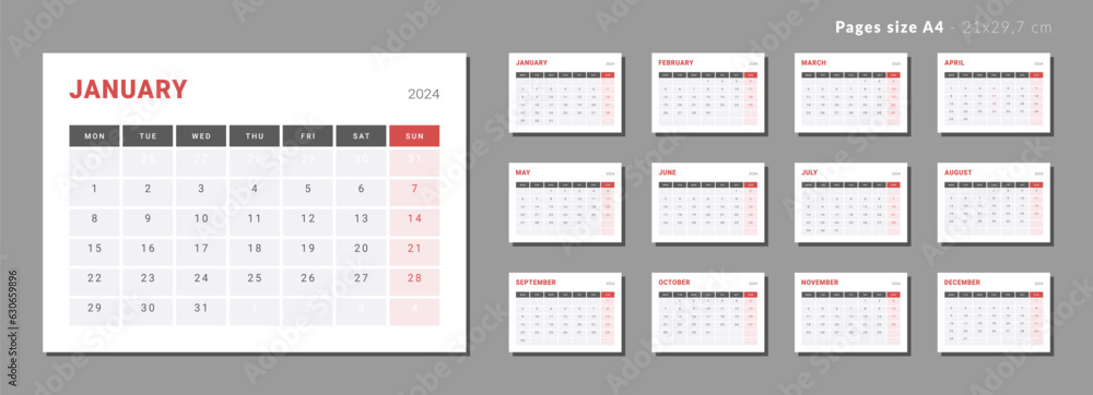 Set of Monthly page Calendar Planner Templates 2024. Vector layout of a wall or desk simple calendar with week start monday. Calendar grid in grey, red color for print. Page for size A4 or 21x29.7 cm Set of Monthly page Calendar Planner Templates 2024. Vector layout of a wall or desk simple calendar with week start monday. Calendar grid in grey, red color for print. Page for size A4 or 21x29.7 cm