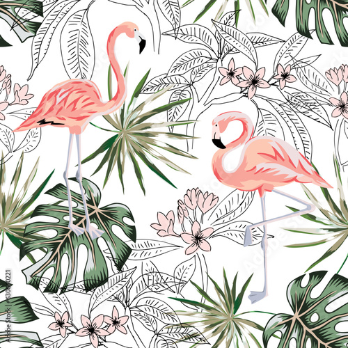 Pink flamingo, plumeria flowers, green palm leaves, white background. Vector floral seamless pattern. Tropical illustration. Exotic plants, birds. Summer beach design. Paradise nature
