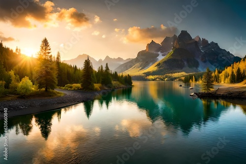 lake in the mountains at sunset