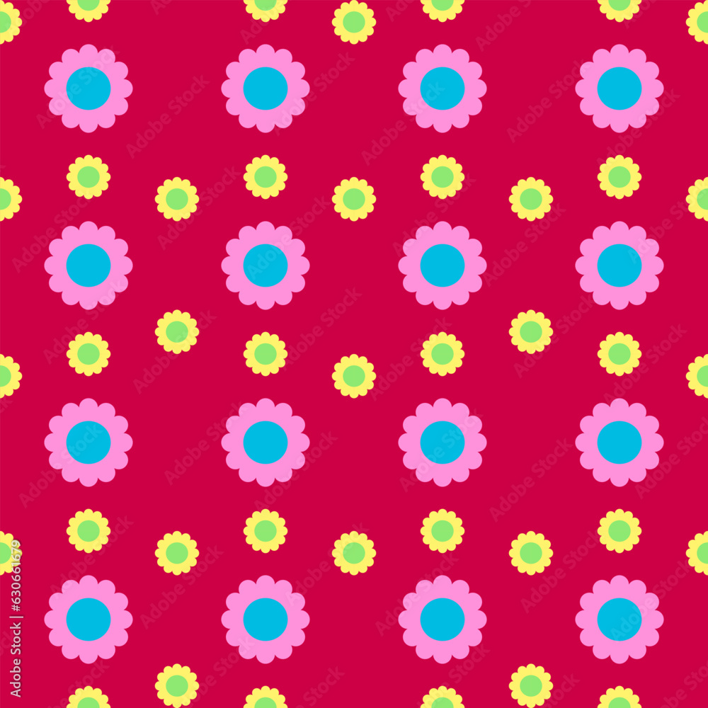 Seamless pattern with big pink and blue flower and small yellow and green flower on red background. Seamless pattern with big pink and blue flower and small yellow and green flower on red background.