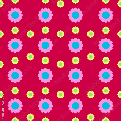 Seamless pattern with big pink and blue flower and small yellow and green flower on red background.