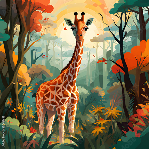 Giraffe IN THE FOREST WITH BACGROUND STYLE CARTOON AI GENERATIVE