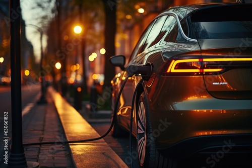 Electric car charching in the city at night. Urban green sustainable city. © Hugo