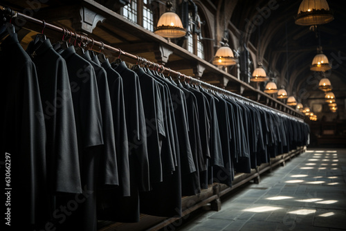 row of neatly hung church cassocks, representing the solemnity and orderliness of religious attire Generative AI