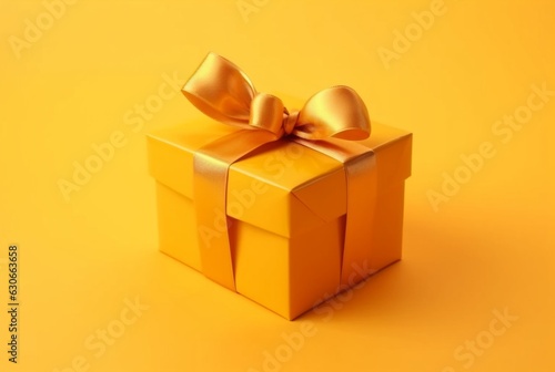 Gift box with golden satin ribbon and bow on yellow background. Holiday gift with copy space. generative ai