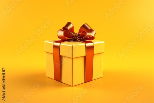 Gift box with golden satin ribbon and bow on yellow background. Holiday gift with copy space. generative ai