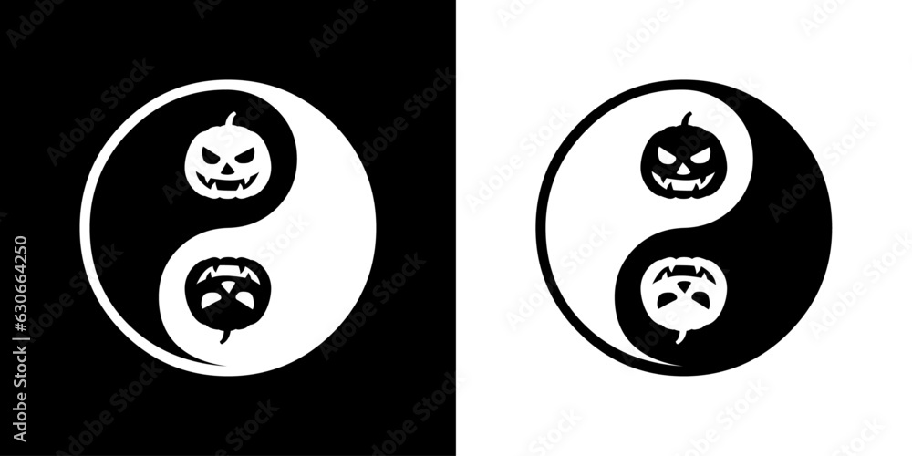 Logo símbolo yin yang con silueta de calabaza de halloween Jack O Lantern Logo símbolo yin yang con silueta de calabaza de halloween Jack O Lantern