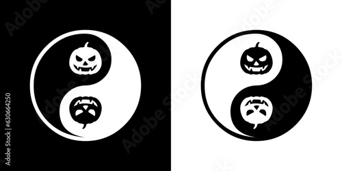 Logo símbolo yin yang con silueta de calabaza de halloween Jack O Lantern