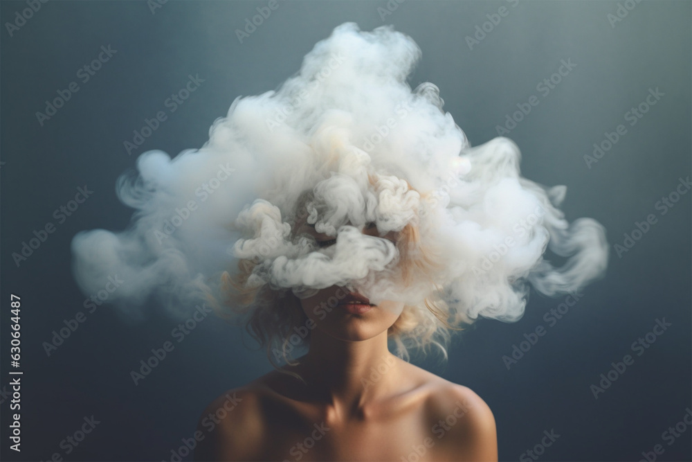 A young woman with her head in a misty cloud. The concept of depression, addiction, loneliness and mental health.