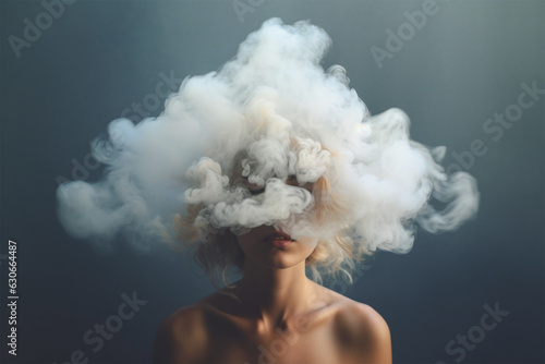 A young woman with her head in a misty cloud. The concept of depression, addiction, loneliness and mental health.  © Margo_Alexa
