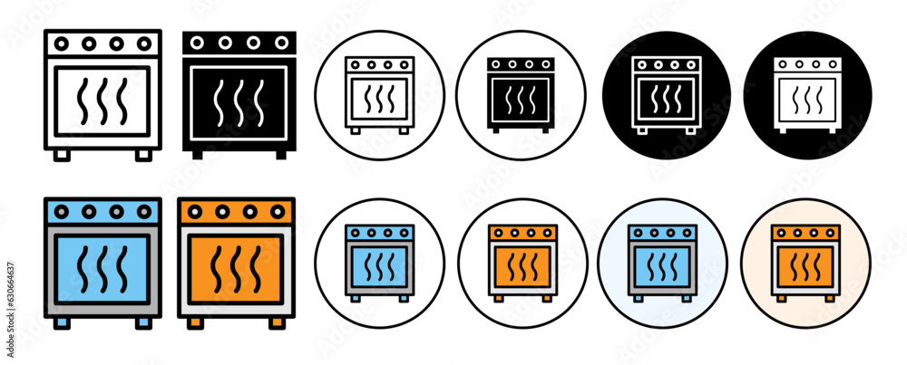oven icon set in black and colored style. electric microwave or gas stove vector symbol suitable for mobile app, and website UI design. 