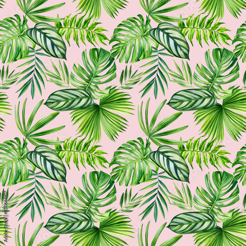 Tropical seamless pattern with exotic palm leaves. Watercolor illustration of tropical leaves. Design jungle background