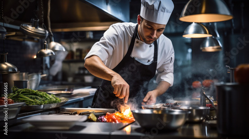Cook man neatly decorates the dish. young professional chef adding some piquancy to meal. in modern kitchen, at work in uniform