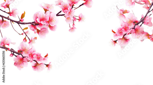 Sakura flowers, a bunch of wild Himalayan cherry blossom pink flowers with young leaves budding on tree twig isolated on white background with clipping path transparent background, generative ai photo