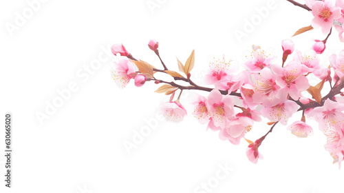 Sakura flowers, a bunch of wild Himalayan cherry blossom pink flowers with young leaves budding on tree twig isolated on white background with clipping path transparent background, generative ai