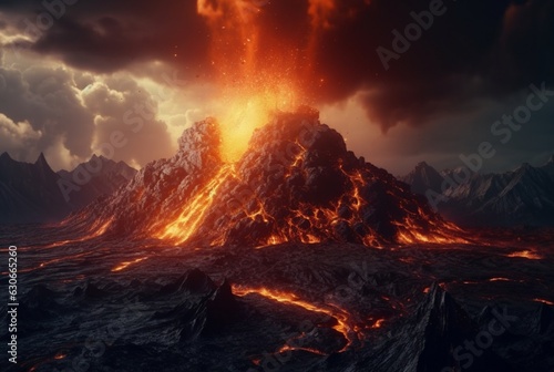 Volcanic eruptions. Lava flows down the slope. generative ai © LivroomStudio