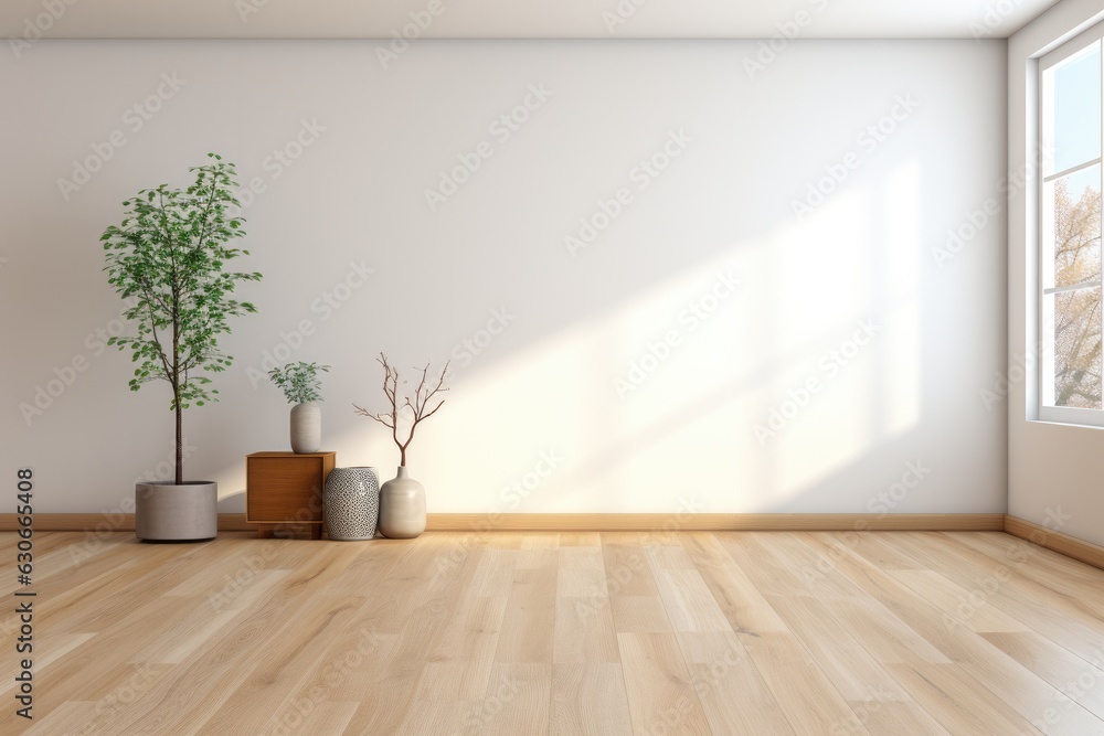 Empty room and wall and wooden floor with interesting with glare from the window. Interior background for the presentation. Generative AI Empty room and wall and wooden floor with interesting with glare from the window. Interior background for the presentation. Generative AI