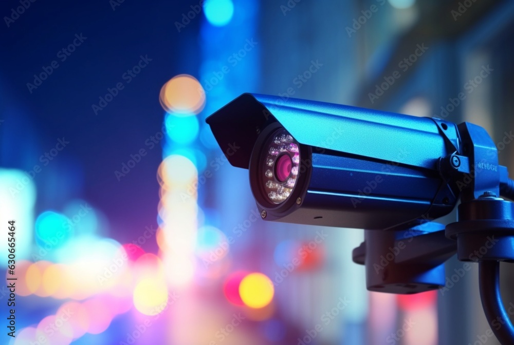 Security camera in modern building. CCTV with blurred background of city lights. Security system, technology. generative ai Security camera in modern building. CCTV with blurred background of city lights. Security system, technology. generative ai