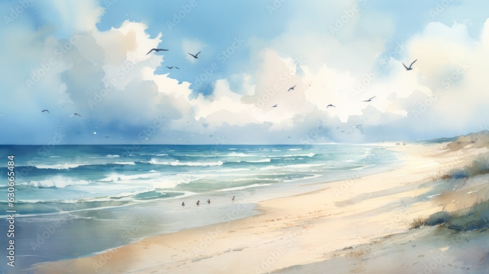 Fototapeta Watercolor painting of an idyllic beach
