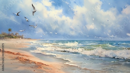 Watercolor painting of an idyllic beach
