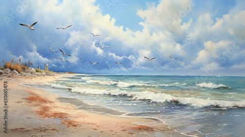 Watercolor painting of an idyllic beach