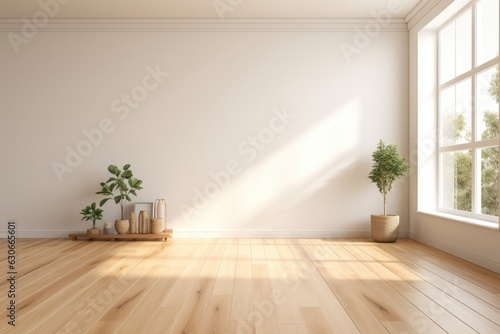 Empty room and wall and wooden floor with interesting with glare from the window. Interior background for the presentation. Generative AI