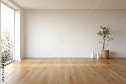 Empty room and wall and wooden floor with interesting with glare from the window. Interior background for the presentation. Generative AI