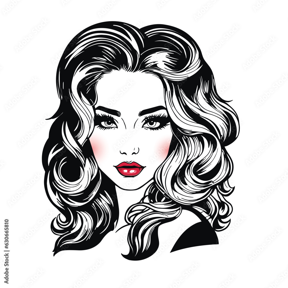 Black and white female portrait, beautiful elegant pose, loose wavy hair, red lips and blush. Vector line art illustration