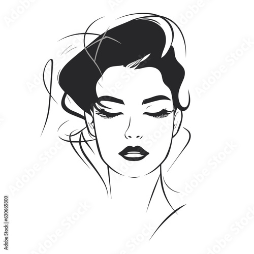 One line female face, mysterious elegant portrait, sketch style.Vector line art illustration