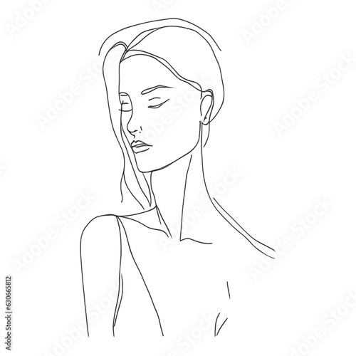 One line female face, mysterious elegant portrait, sketch style.Vector line art illustration