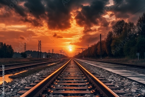 railroad with beautiful sunset, generative ai