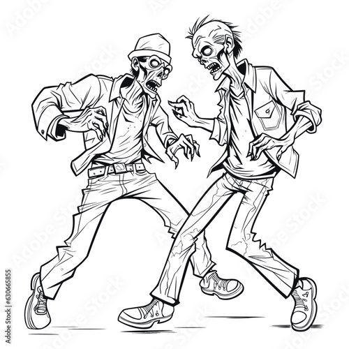 Zombie men dancing, line art vector illustration, cartoon style
