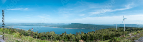 Panorama view of wind turbines production energy electricity at Lamtakong Reservoir, Nakhon Ratchasima, Thailand.