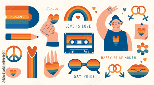 Vector set of LGBTQ community symbols with girl showing peace sign, vinyl record, cassette tape, hands gestures. Pride month stickers. LGBT flat style icons collection. Gay parade groovy celebration. 
