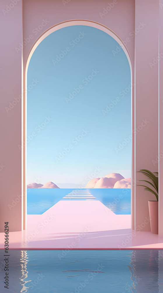 Pink pastel mysterious door in a dreamy landscape phone hd wallpaper, ai generated