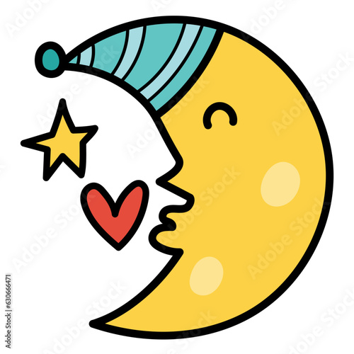 Cute moon character in cartoon style. Sweet dreams icon. Good night kiss concept for chore chart. Vector illustration