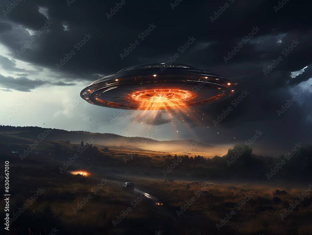 UFO, an alien saucer hovering above the field in the clouds, hovering motionless in the sky. Unidentified flying object, alien invasion, extraterrestrial life, space travel, spaceship. mixed media UFO, an alien saucer hovering above the field in the clouds, hovering motionless in the sky. Unidentified flying object, alien invasion, extraterrestrial life, space travel, spaceship. mixed media