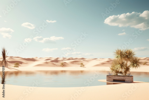 Mirage of an oasis in the desert. Lake and palm trees.