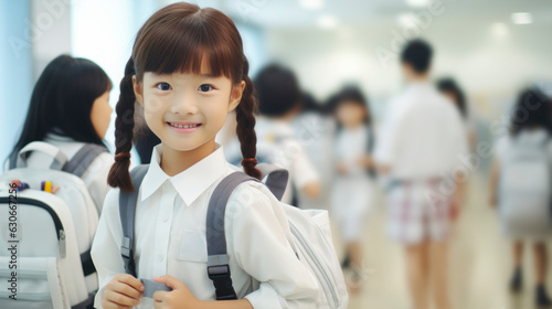 Back to school concept. Portrait of asian school girl with backpack in school environment. photo