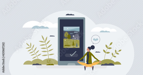 Mental wellness apps and meditation software for phone tiny person concept. Yoga treatment for anxiety, mind relaxation and emotional problem solving vector illustration. Smartphone harmony program.