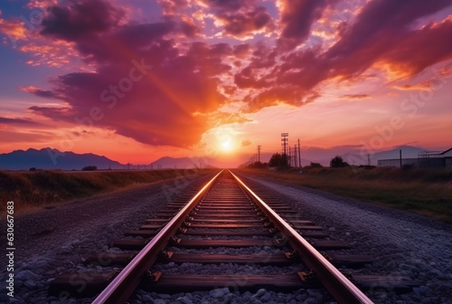 railroad with beautiful sunset, generative ai