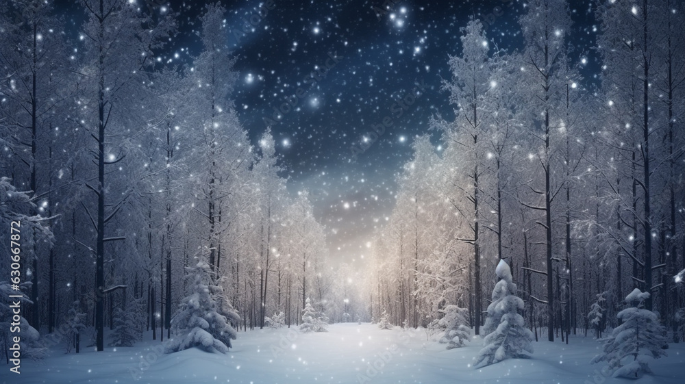 A wide angle shot of a winter forest covered in snow, christmas image, photorealistic illustration