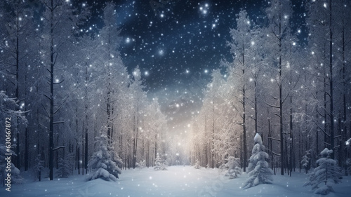 A wide angle shot of a winter forest covered in snow, christmas image, photorealistic illustration
