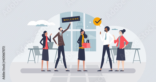 Onboarding and stepping into team as welcome new staff member tiny person concept. Greetings and welcome process into company vector illustration. Introduce colleagues and cooperative environment.