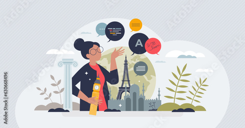 Language learning through immersion, effective education tiny person concept. Foreign language speaking, writing and understanding vector illustration. Study while traveling for bilingual knowledge.