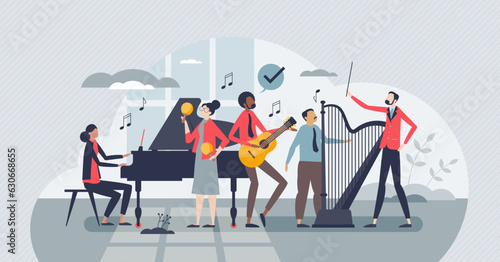 Organizational culture and diverse company as orchestra tiny person concept. Cooperative leader and boss as conductor and employees as playing musicians with effective teamwork vector illustration.