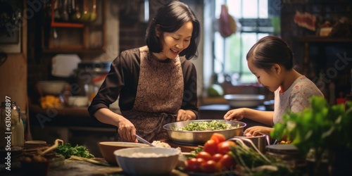 illustration of a young asian woman and her mother are preparing a special dinner, generative AI